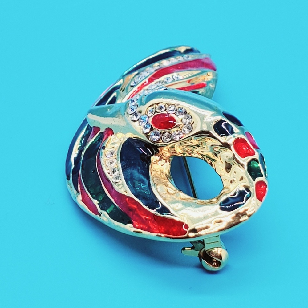 Goldtone red and green enameled swan brooch clear rhinestones vintage figural - Picture 3 of 7